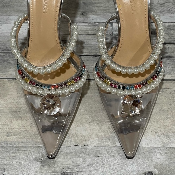 MACH & MACH Diamond Of Elizabeth Imitation Pearl Pointed Toe Mule Silver Sz-38/8 - Picture 11 of 14